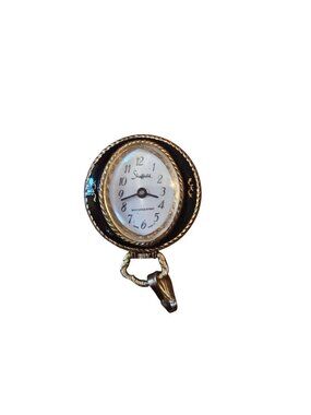 Vintage Sheffield Miniature Clock Pendant With Black & Gold Accents Floral Engra